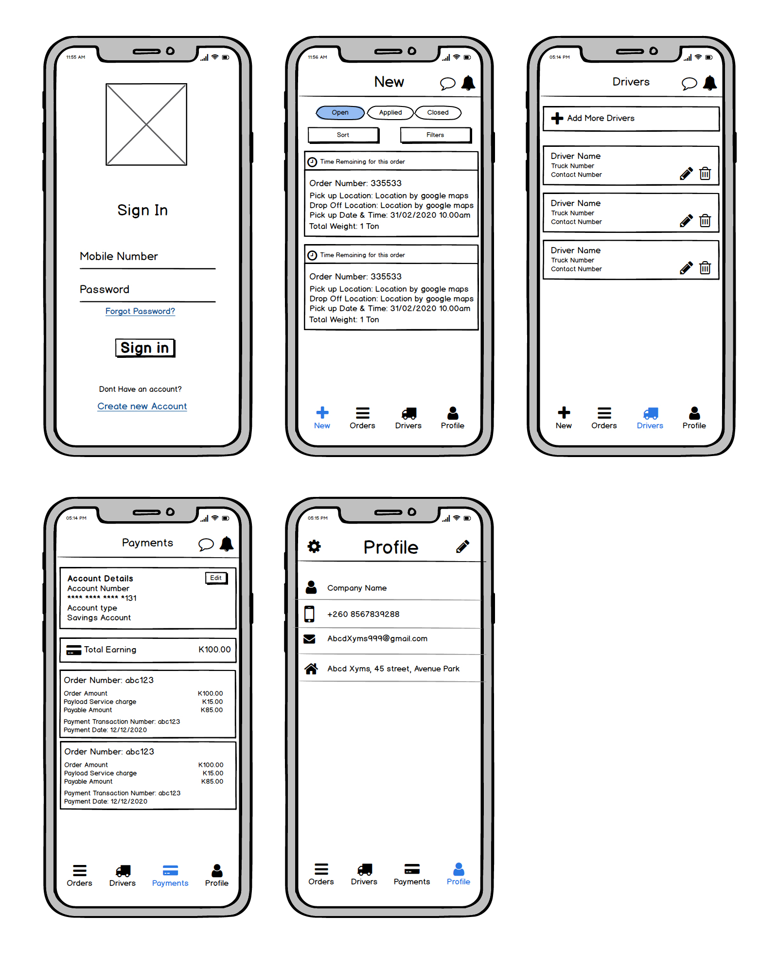 Sample Wireframes for Fleet Management Software